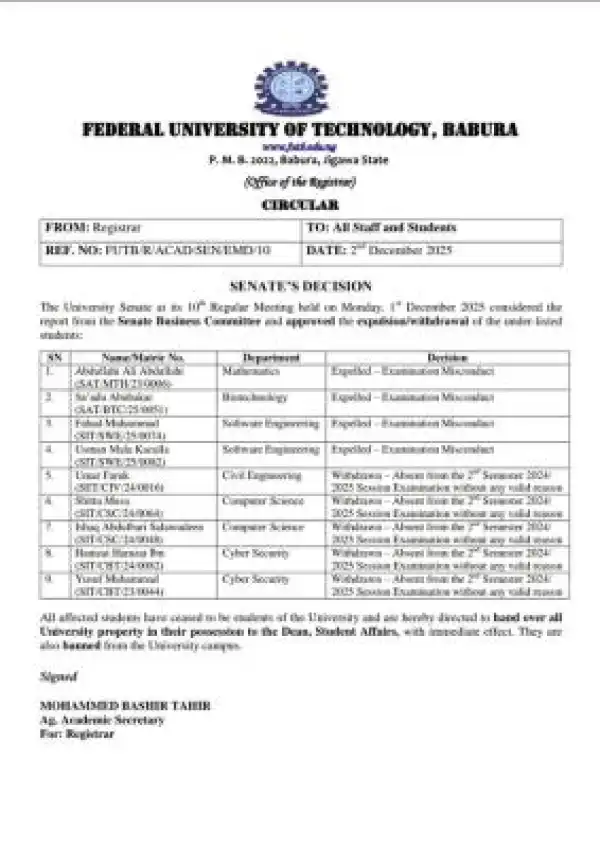 FUTBabura sanctions 9 students following exam misconduct