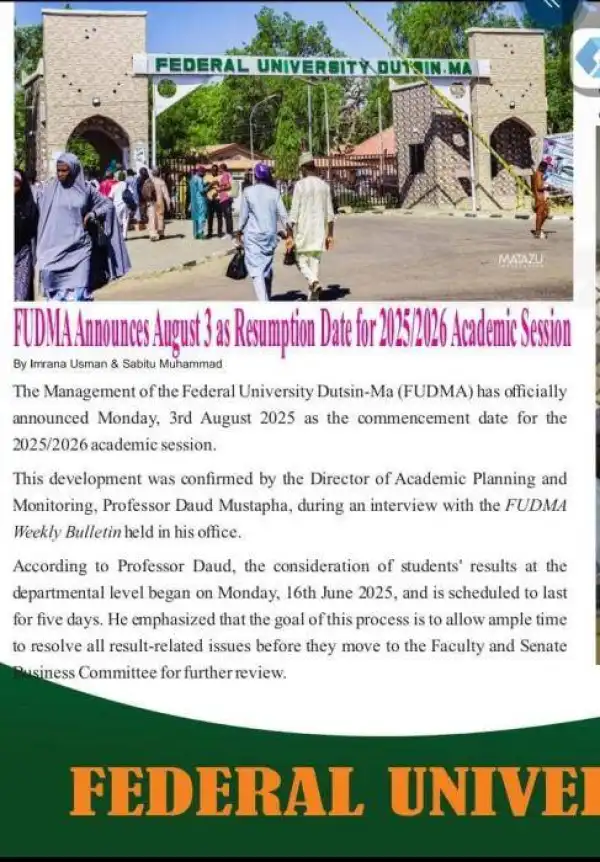 FUDUTSIN-MA to commence 2025/2026 academic session by 3rd August