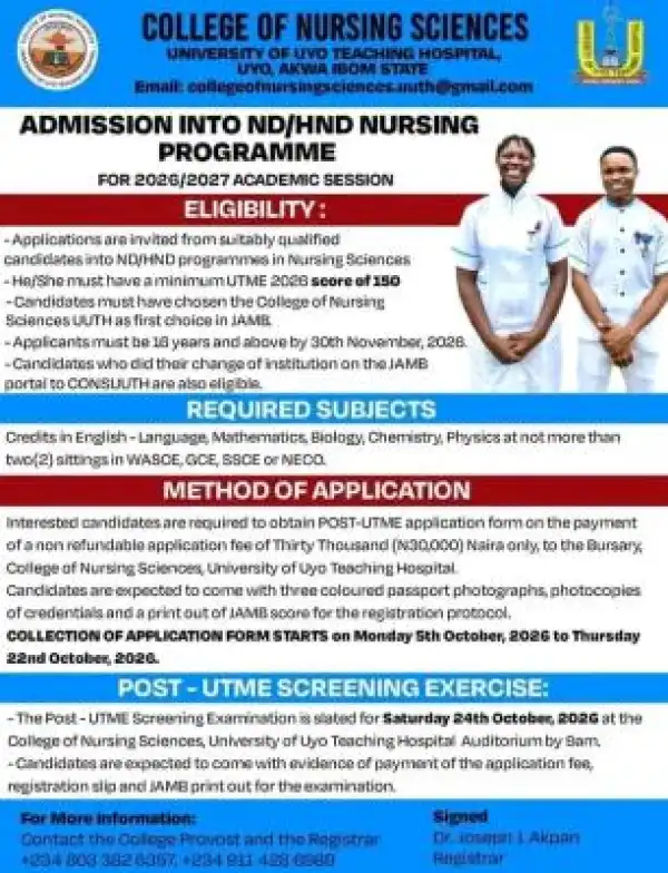 UNIUYO Teaching Hospital ND/HND Nursing Admission, 2026/2027