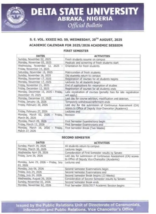 DELSU academic calendar, 2025/2026 academic session