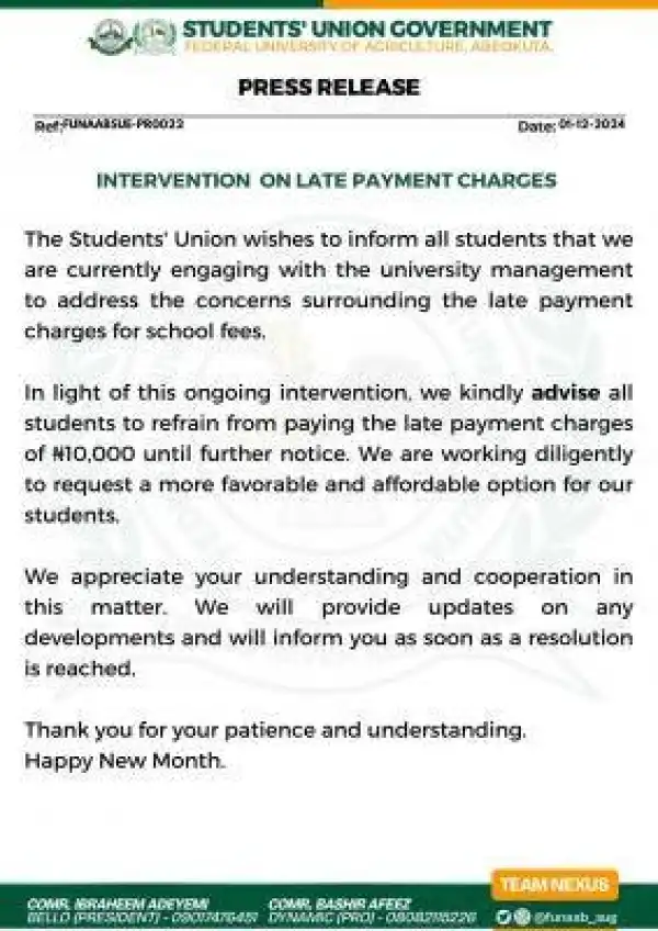 FUNAAB SUG notice regarding charges on late payment of fees