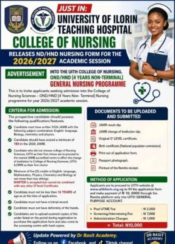 UITH College of Nursing Sciences ND/HND Nursing Form for 2026/2027 Session