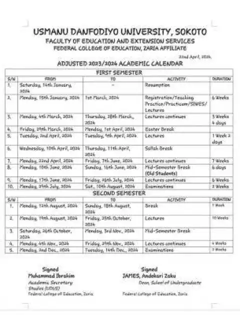 FCE Zaria (UDUS affiliated) releases adjusted academic calendar, 2023/2024