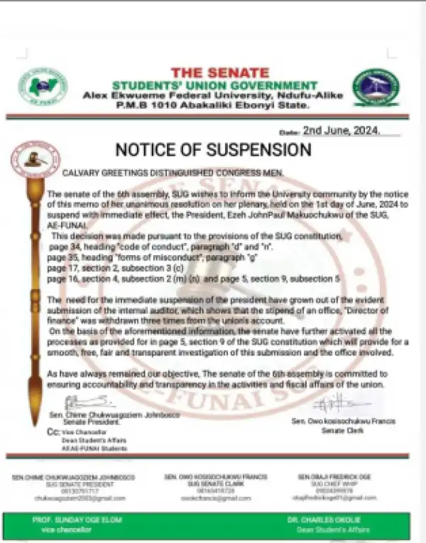 AE FUNAI suspends SUG Treasurer