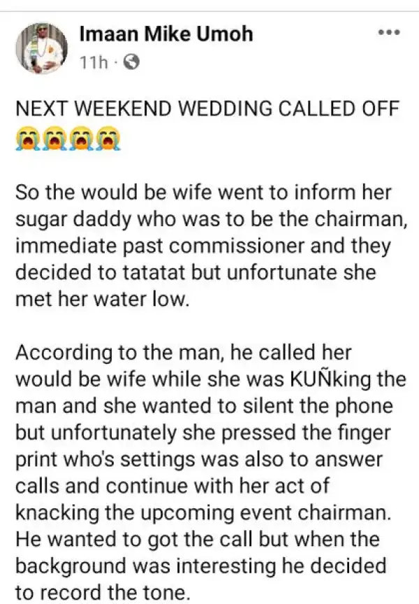 Nigerian Man Calls Off His Wedding After He Overheard Bride-to-be Having S3x With Her Sugar Daddy