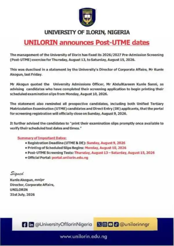 UNILORIN Post-UTME Screening Dates, 2026/2027