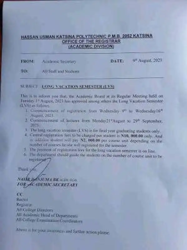 HUKPOLY Long Vacation semester (LVS) registration commences
