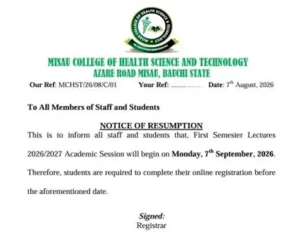 Misau College of Health Sciences & Tech. Azare notice on commencement lectures for 1st semester, 2026/2027