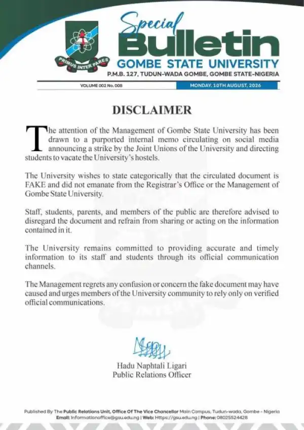 GOMSU issues discliamer notice, urges students to disregard fake memo