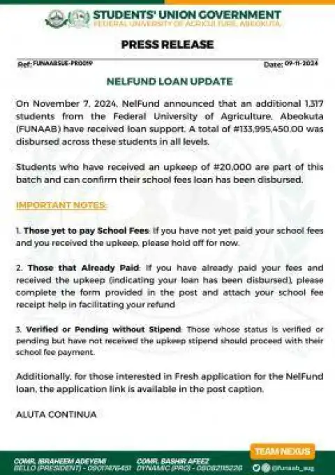 FUNAAB SUG update for students on NELFUND loan