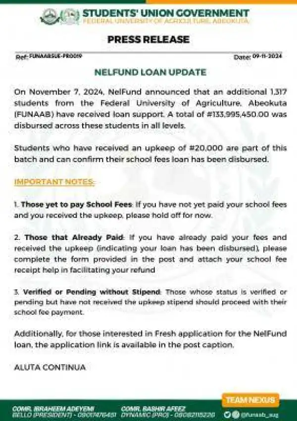 FUNAAB SUG update for students on NELFUND loan