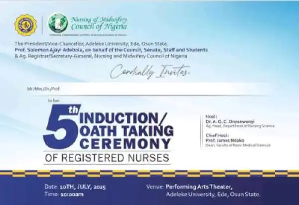 Adeleke University announces 5th induction ceremony of registered nurses