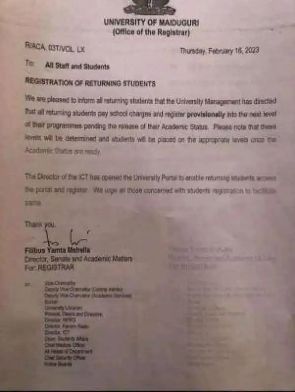 UNIMAID notice on registration of returning students