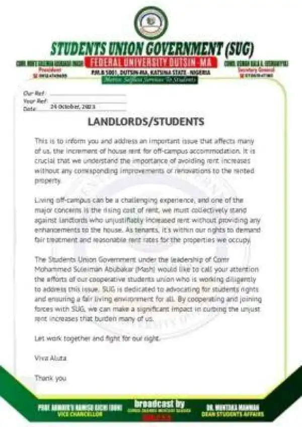 FUDUTSIN-MA SUG notice to students staying off-campus over increment of house rents