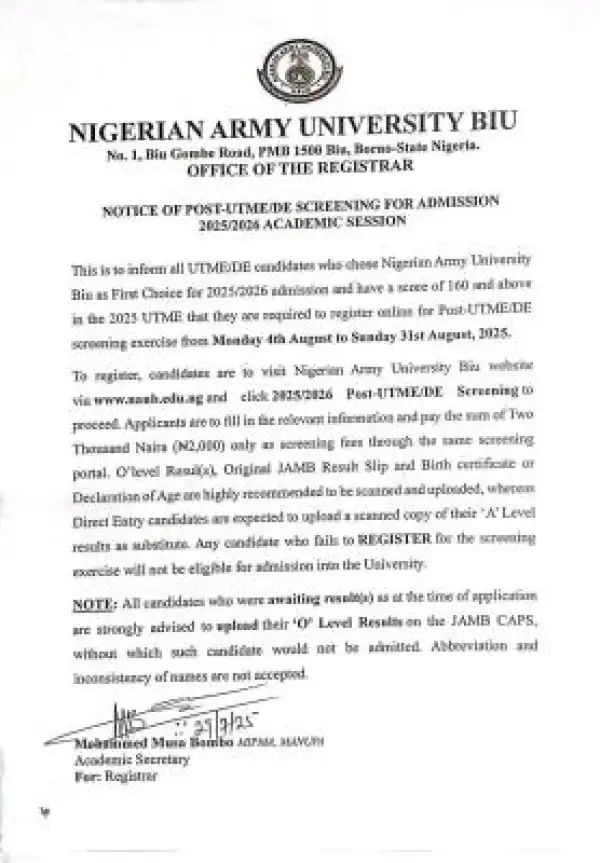 NAUB Post-UTME/DE 2025: cut-off mark, eligibility, and registration Details