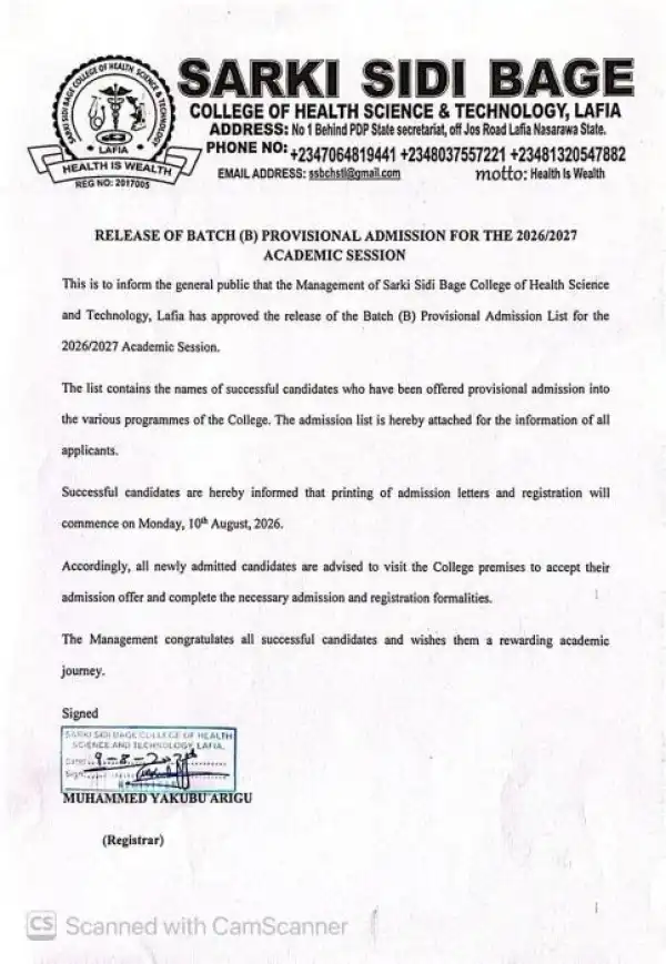 Sarki Sidi College of Health Science Batch B Admission List, 2026/27 Session