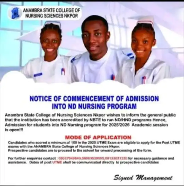 Anambra State College of Nursing Sciences, Nkpor ND/HND Admission form, 2025/2026