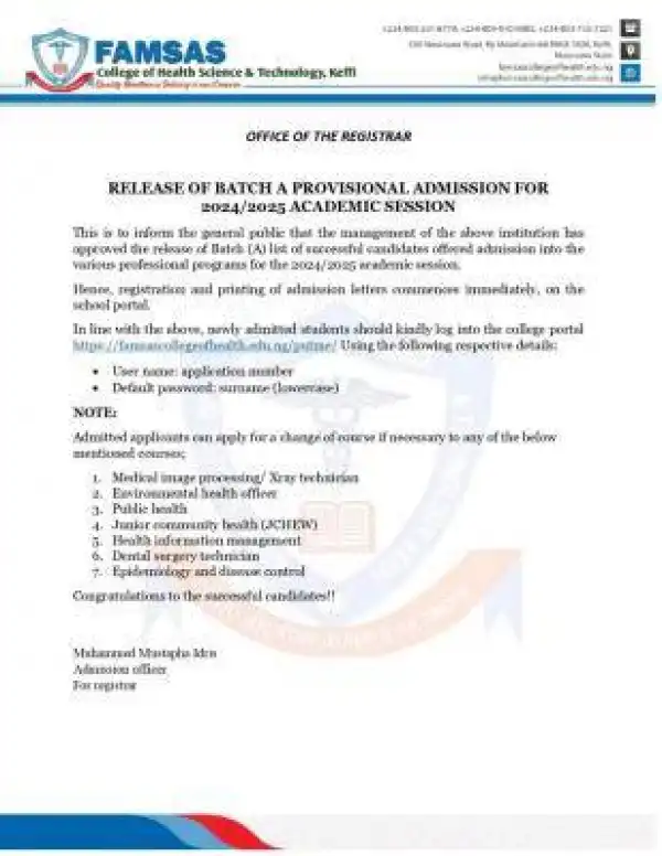 FAMSAS College of Health Sciences & Tech. Keffi Batch A admission list, 2024/2025