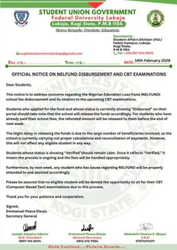 FULOKOJA SUG notice to students on loan disbursement, CBT examination