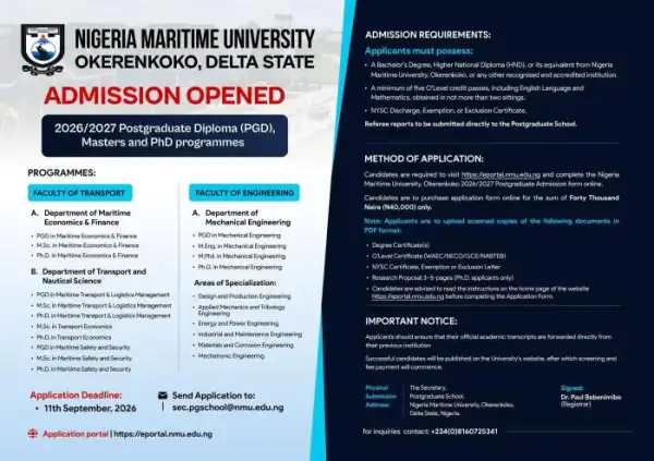 Nigeria Maritime University Postgraduate Admission form, 2026/2027