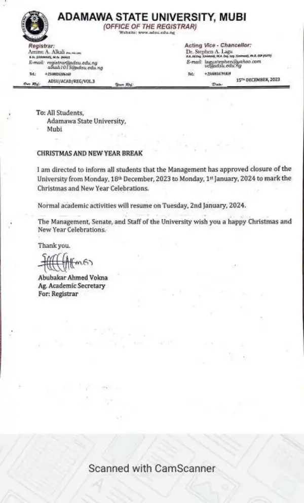ADSU notice of Christmas and new year break