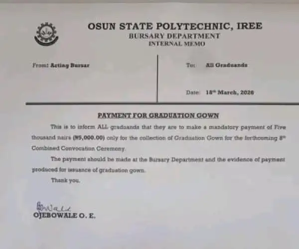 OSPOLY notice on payment for Convocation Gown