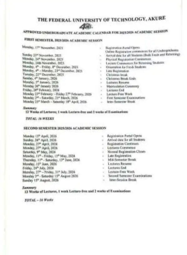 FUTA releases approved academic calendar, 2025/2026