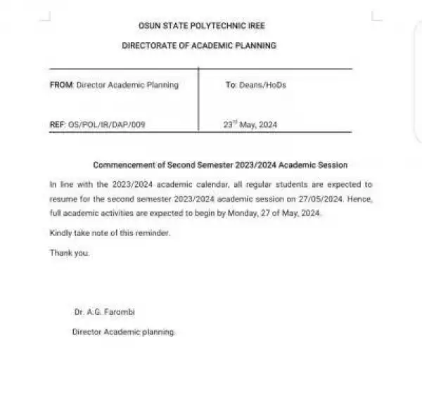 OSPOLY notice on commencement of second semester, 2023/2024 session