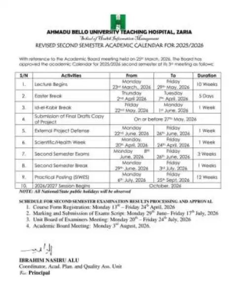 ABUTH revised academic Calendar for Second Semester, 2025/2026