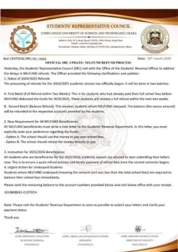 CUSTECH SRC update on NELFUND refund procedures