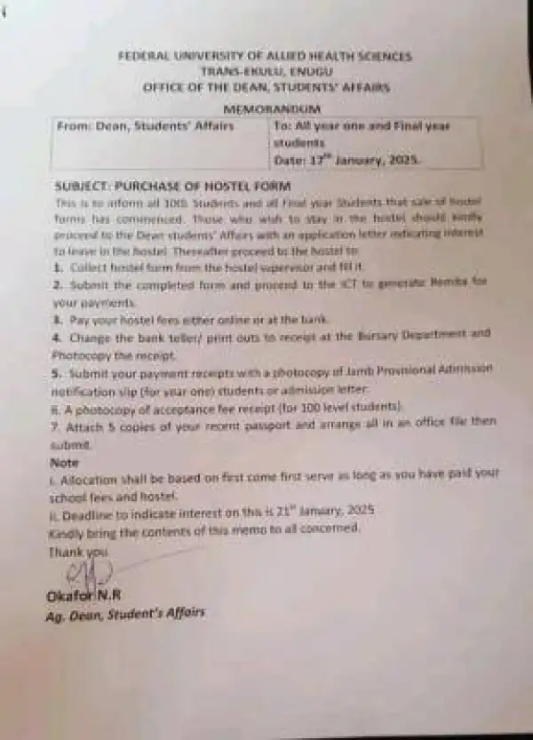 Federal University of Allied Health Sciences, notice on hostel application