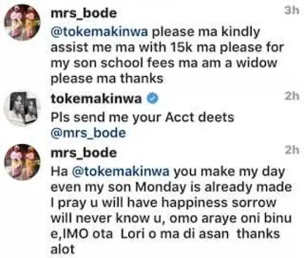 A Widow Begged Toke Makinwa Money For Her Son