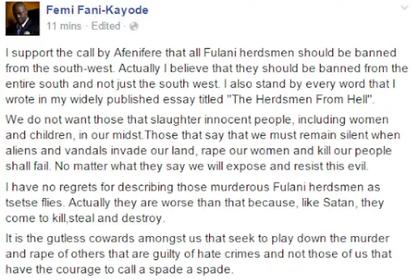 I have no regrets describing Fulani herdsmen as Tse tse flies - FFK