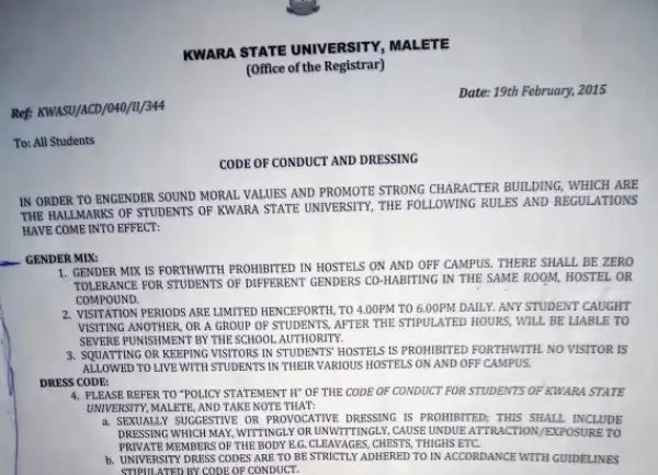 Kwara State University new Code of Conduct & Dressing
