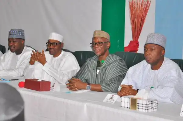 Photos Of Pres. Buhari, Saraki, Oyegun, Dogara At The NEC Meeting Today
