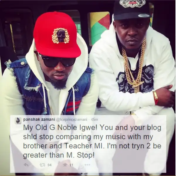 Stop Comparing My Songs With That Of My Brother and Teacher M.I – Ice Prince Zamani