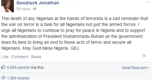 Support Buhari To End Boko Haram Attacks - Jonathan Urges Nigerians