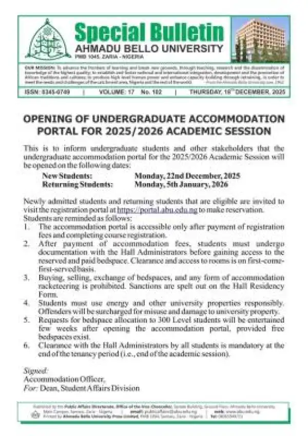ABU announces opening of undergraduate accommodation portal, 2025/2026