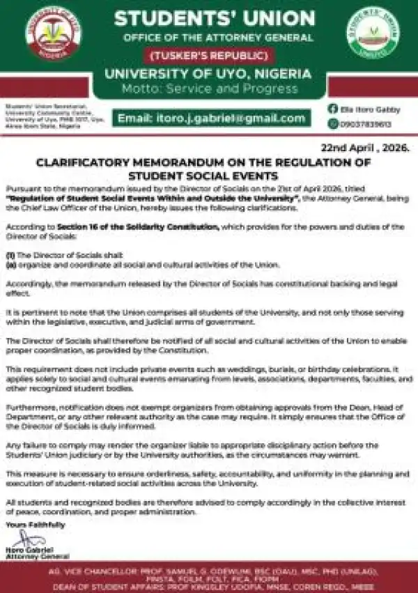 UNIUYO SUG further clarifies the regulations regarding Social Events