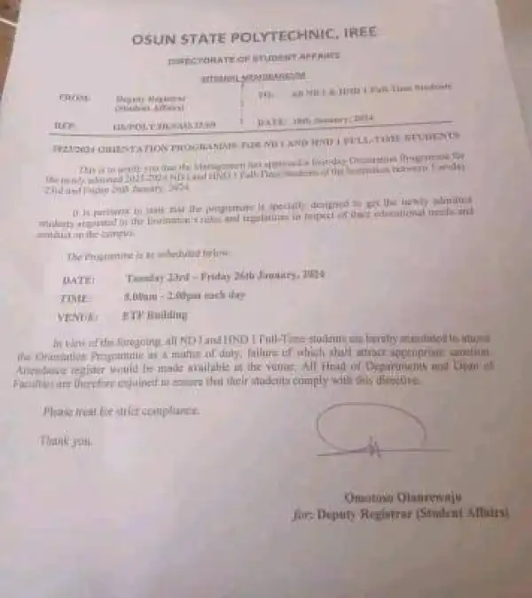 OSPOLY announces orientation programme, 2023/2024