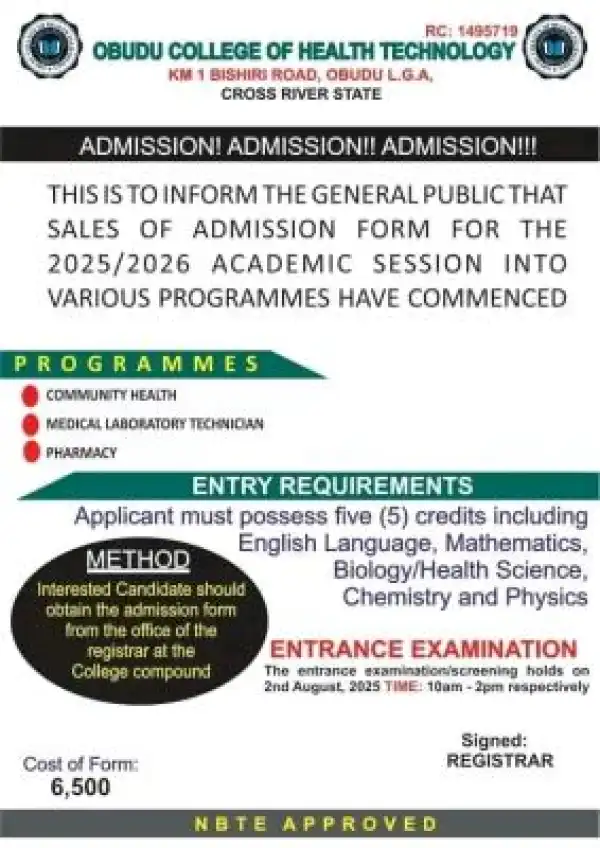 Obudu College of Health Tech. Admission form, 2025/2026