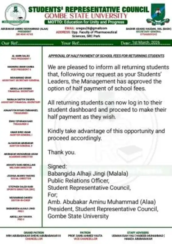 GOMSU approves half payment of school fees for returning students