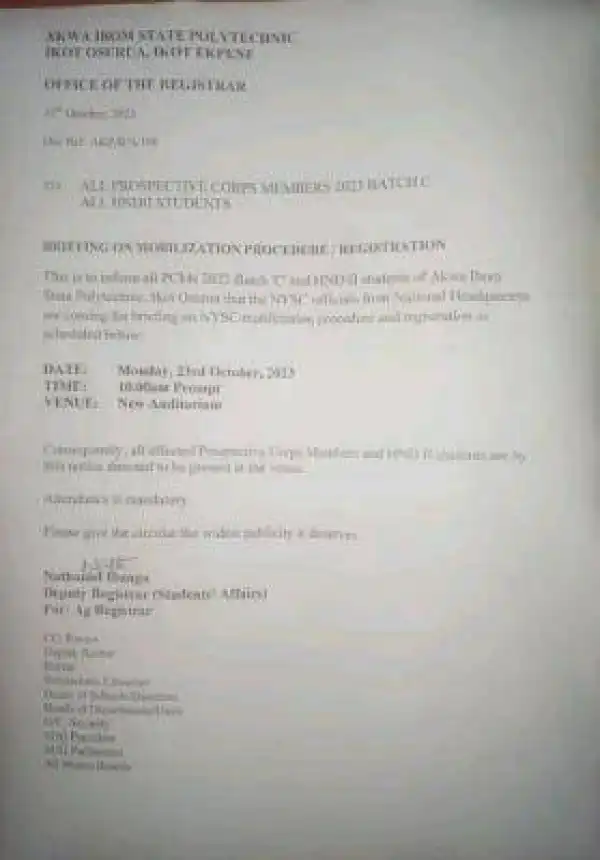 Akwa Ibom State Polytechnic notice to all 2023 prospective Corp members (Batch C) & HND II students