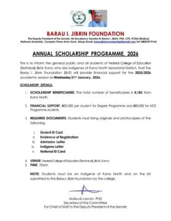 FECT, Bichi students of Kano North origin to receive scholarship awards from Barau I. Jibrin Foundation