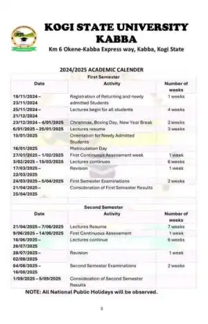 Kogi State University approved academic calendar, 2024/2025