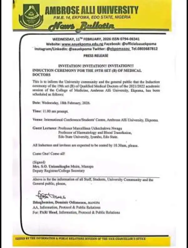 AAU announces Induction Ceremony for 19th Set (B) of Medical Doctors