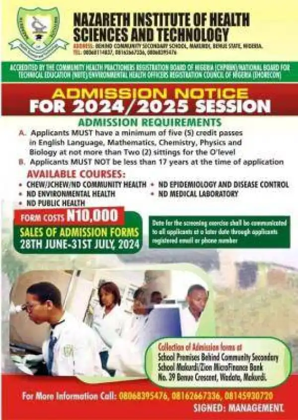 Nazareth Institute of Health Science and Technology releases admission form, 2024/2025