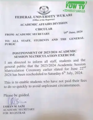 FUWUKARI postpones matriculation ceremony