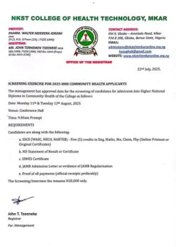 NKST College of Health Tech. Mkar screening for Community Health HND applicants, 2025/2026