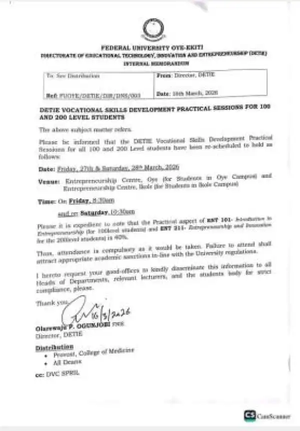 FUOYE reschedules DETIE vocational skills development practical sessions